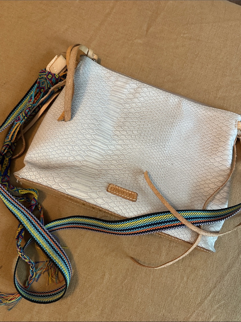 Consuela Cream Snake-Embossed Crossbody with Multicolor Strap